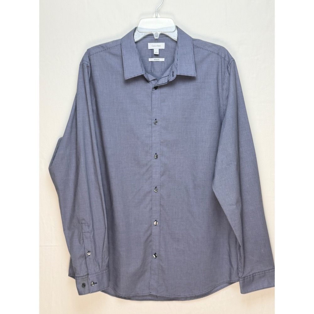 Calvin Klein Mens 100% Cotton Button Down Large Blue Micro Check Infinite Shirt